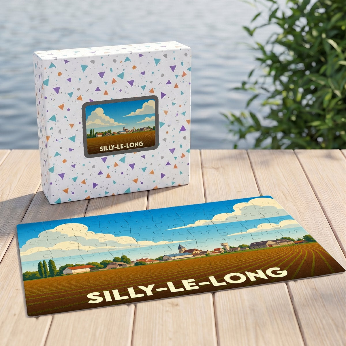 Puzzle souvenir de la commune de Silly-le-Long avec une illustration stylisée de son paysage rural.