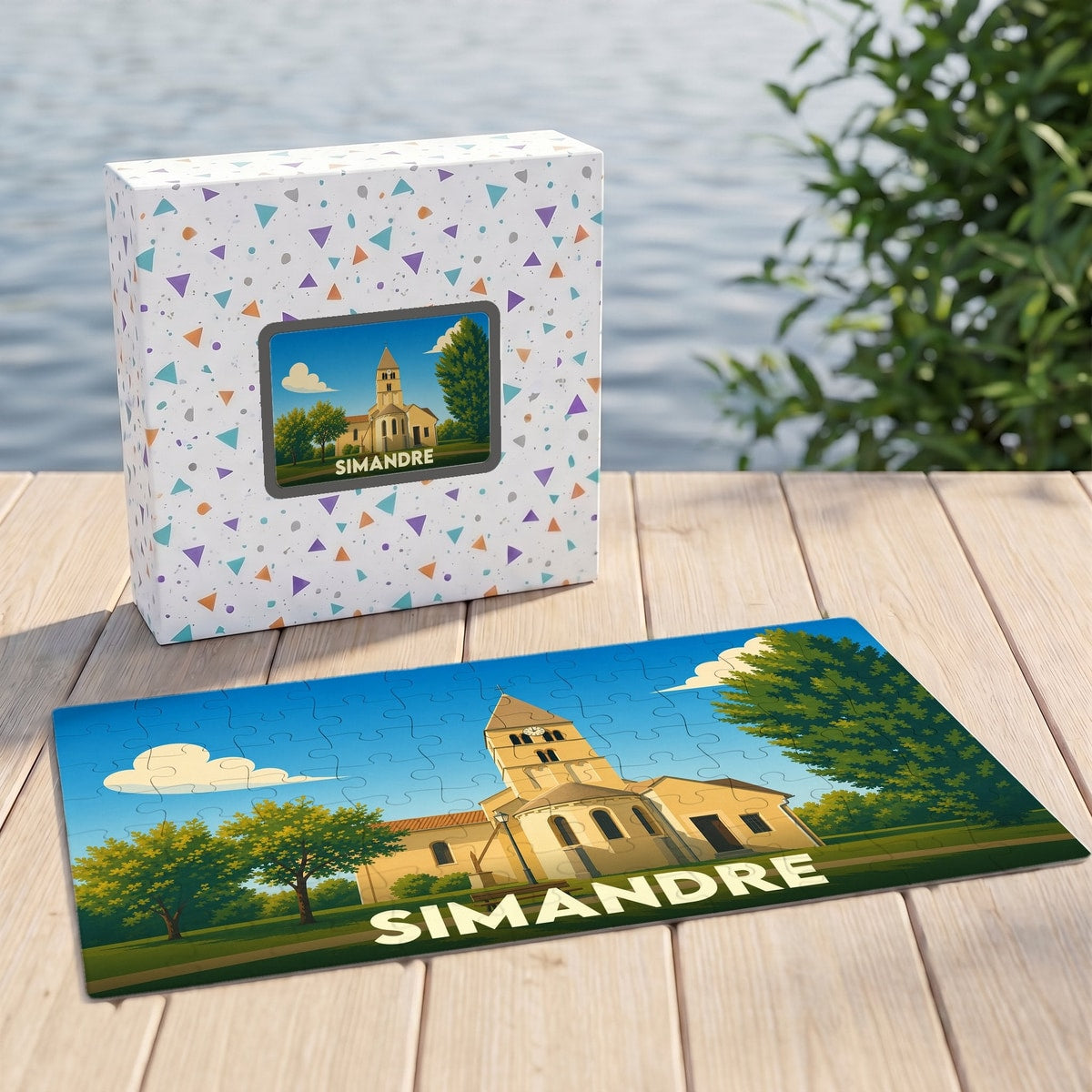 Puzzle souvenir de la ville de Simandre avec une illustration stylisée de son église.