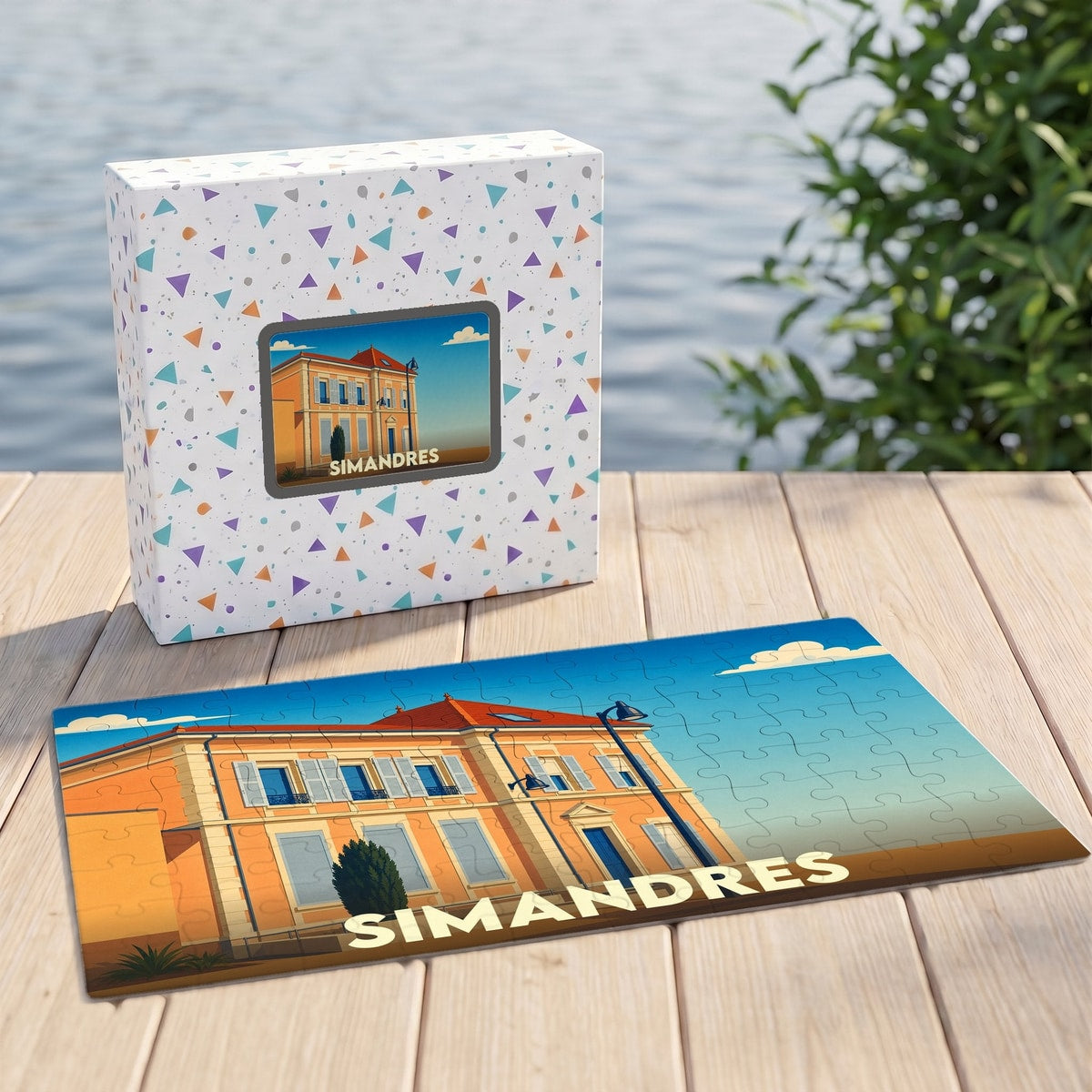 Puzzle souvenir de la ville de Simandres avec une illustration stylisée.