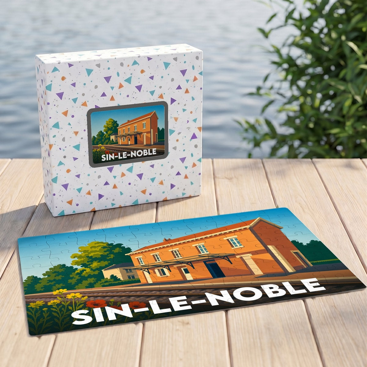 Puzzle souvenir de la ville de Sin-le-Noble illustrant sa gare dans un style rétro.