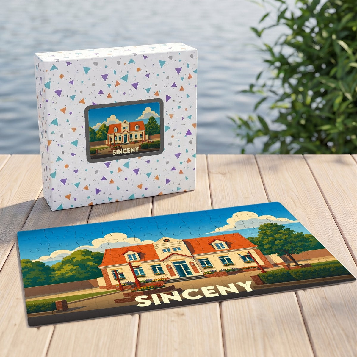 Puzzle souvenir de la ville de Sinceny représentant une maison illustrée dans un style coloré.