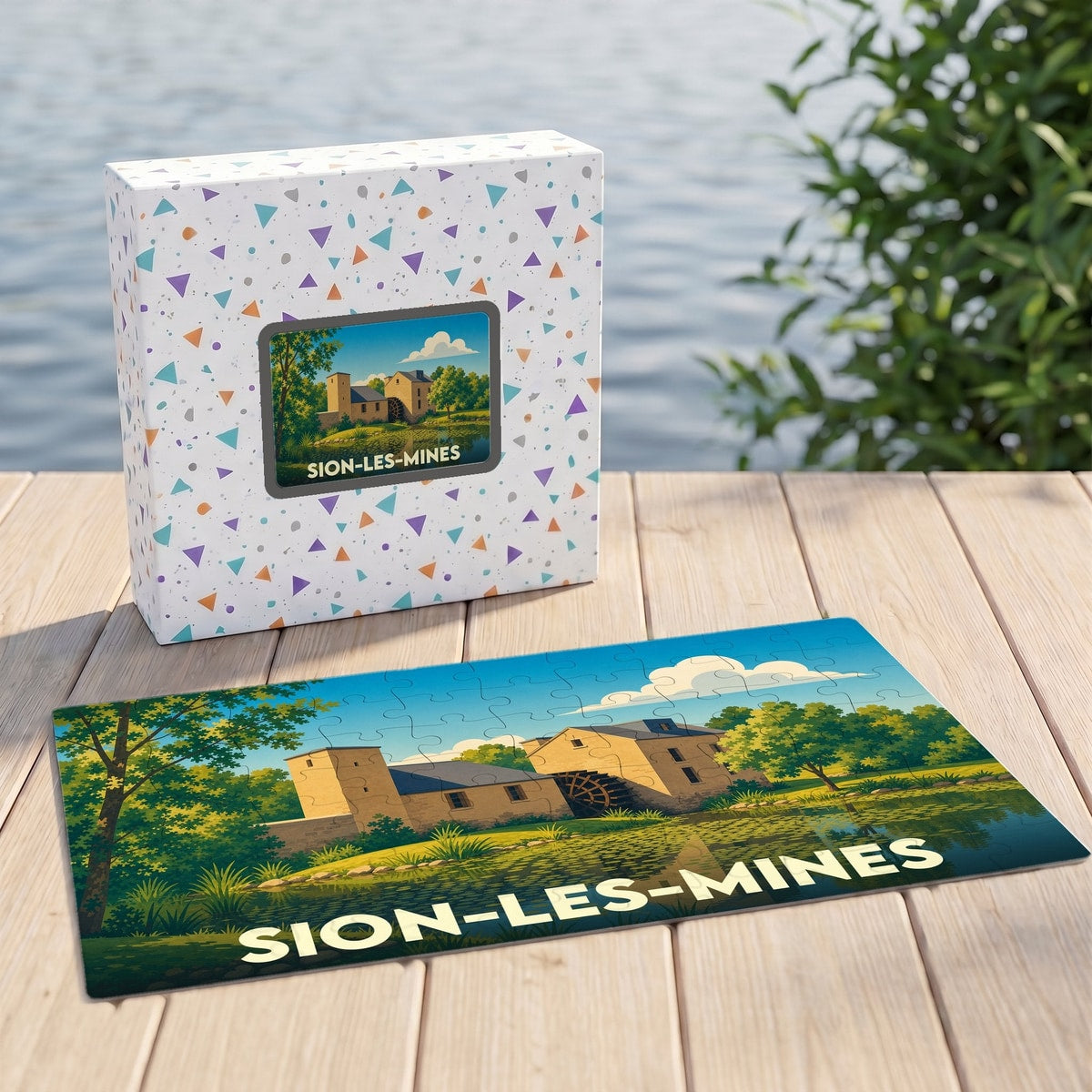 Puzzle souvenir de la ville de Sion-les-Mines avec une illustration stylisée d'un moulin au bord de l'eau.
