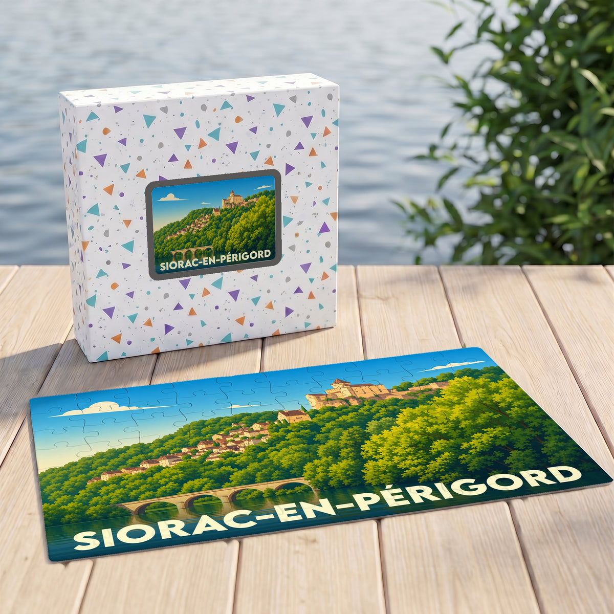 Puzzle souvenir de la ville de Siorac-en-Périgord avec une illustration stylisée et colorée de ses toitures.