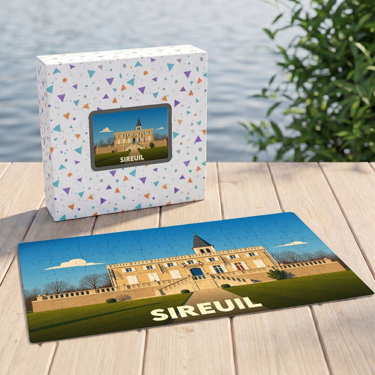 Puzzle souvenir de la ville de Sireuil avec une illustration stylisée de son château.