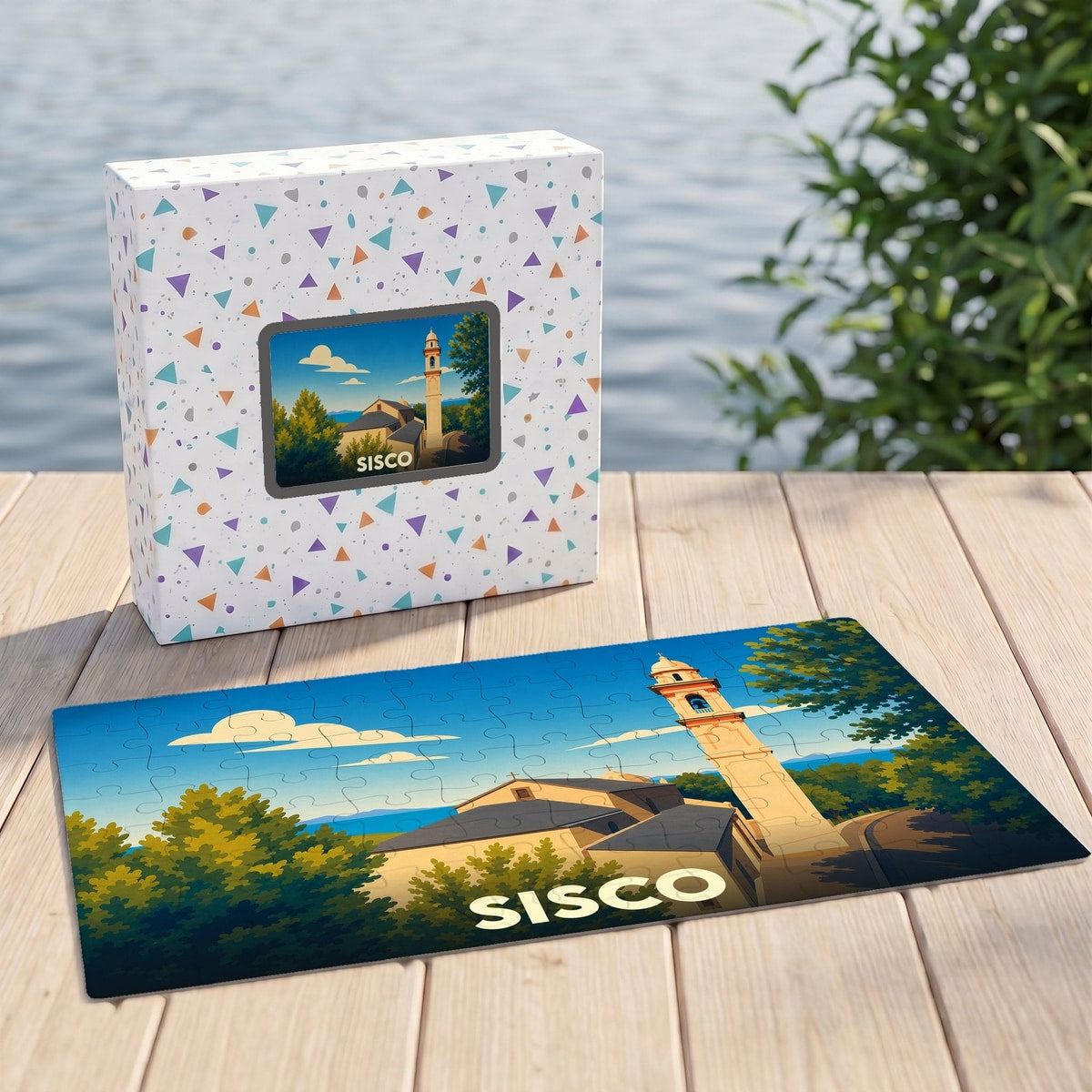 Puzzle souvenir de la ville de Sisco avec une illustration stylisée de son église et de son clocher.