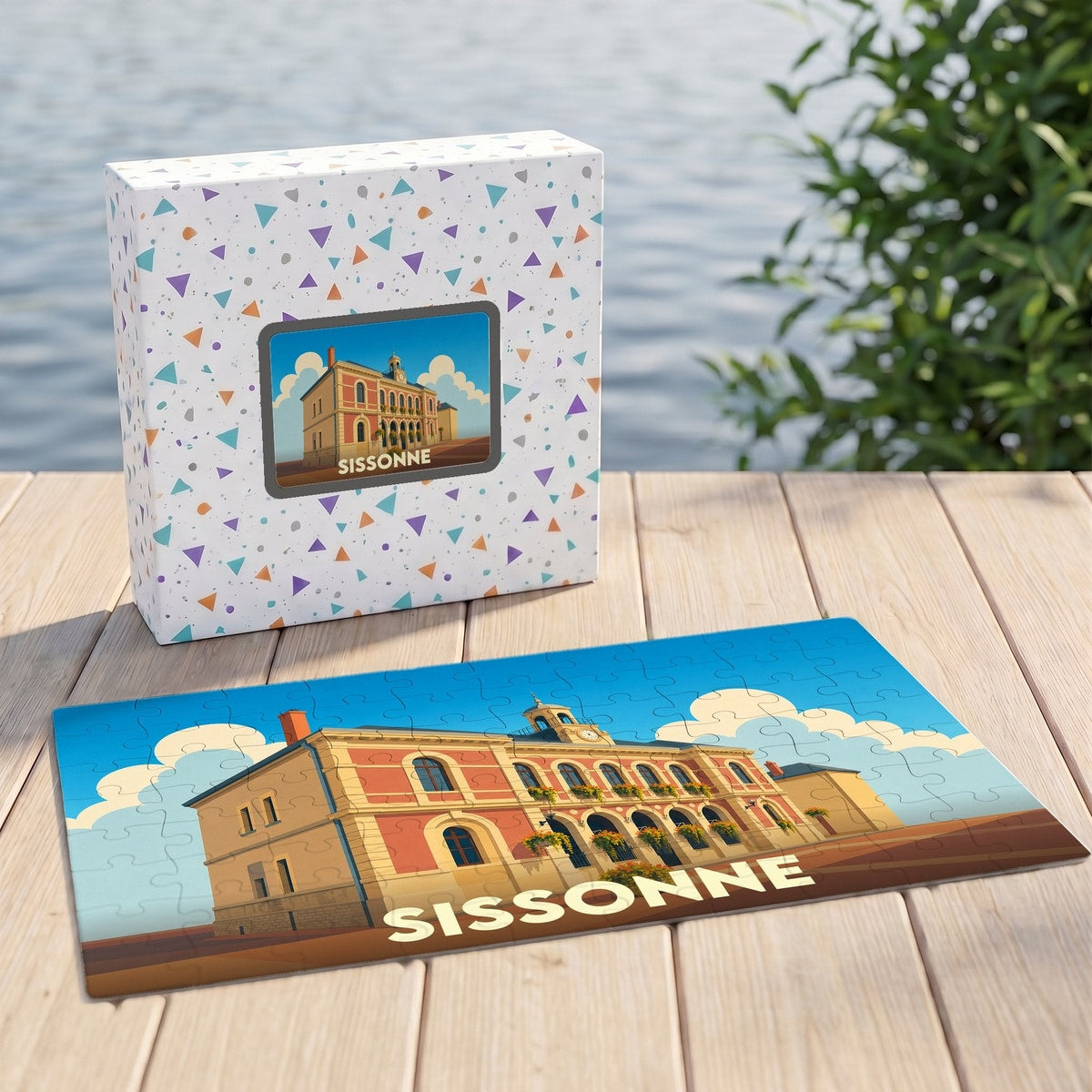 Puzzle souvenir de la ville de Sissonne avec une illustration stylisée de son hôtel de ville.