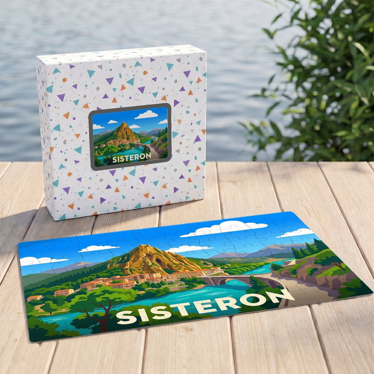 Puzzle souvenir de la ville de Sisteron présenté avec sa boîte et une illustration paysagère stylisée.