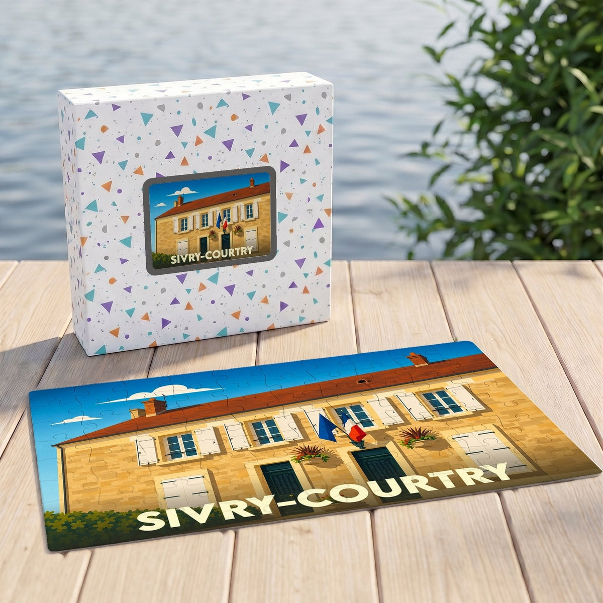 Puzzle souvenir de la ville de Sivry-Courtry avec une illustration stylisée.