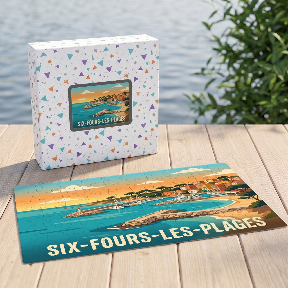 Puzzle souvenir de Six-Fours-les-Plages représentant une illustration stylisée de son port au coucher du soleil.