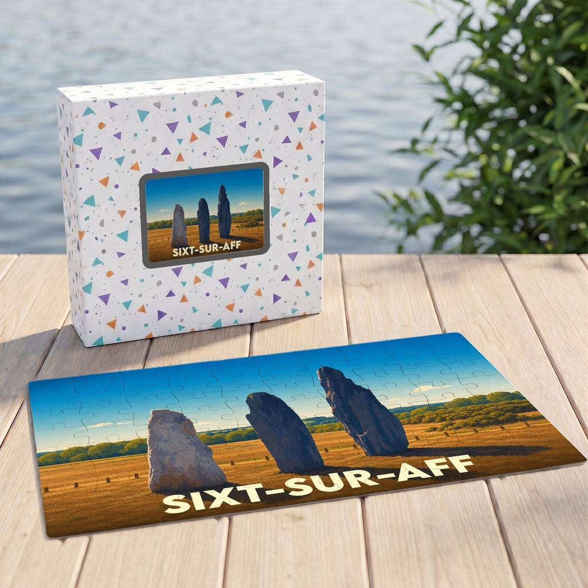 Puzzle souvenir de la ville de Sixt-sur-Aff illustrant trois menhirs dans un champ.