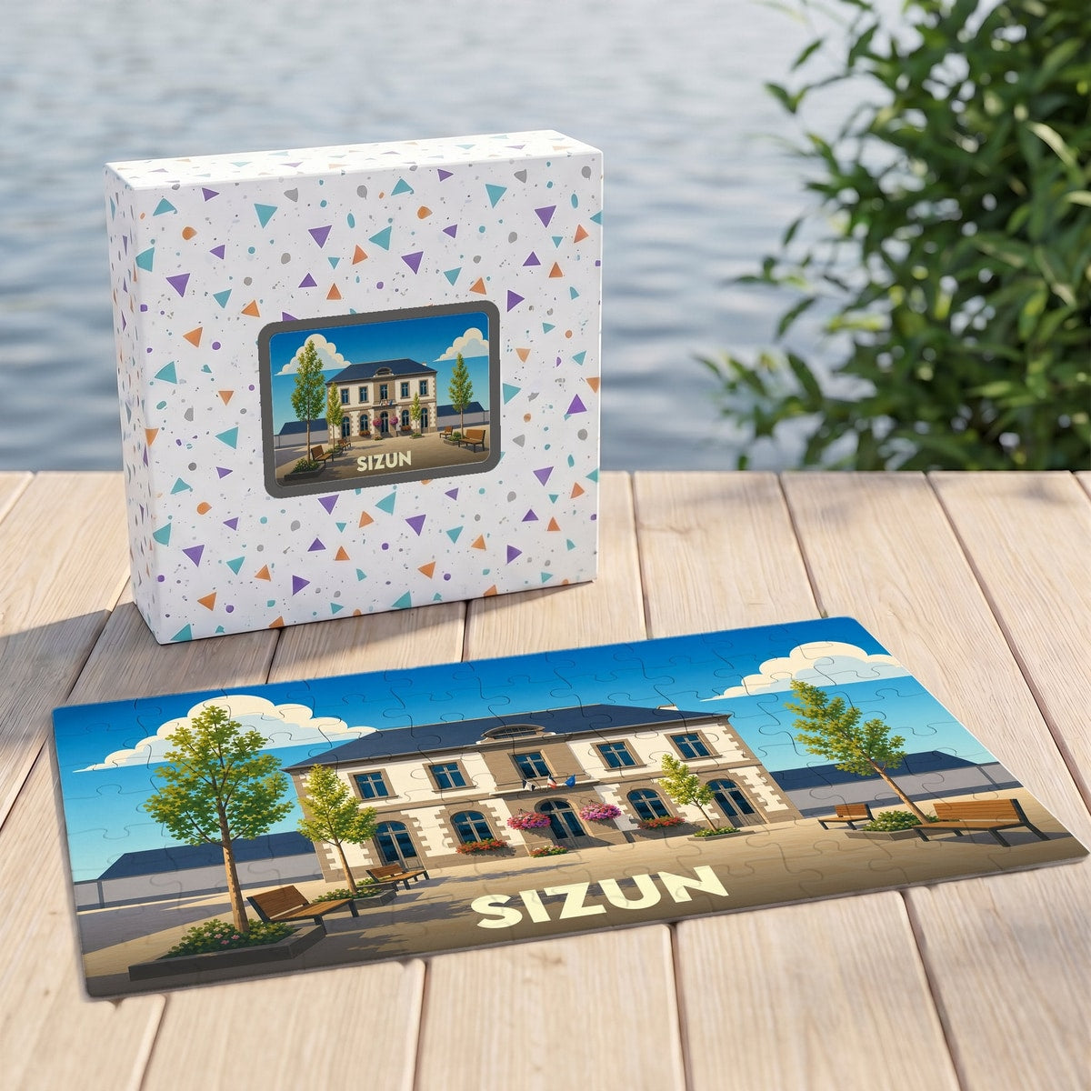 Puzzle souvenir de la ville de Sizun avec une illustration stylisée d'un bâtiment emblématique.