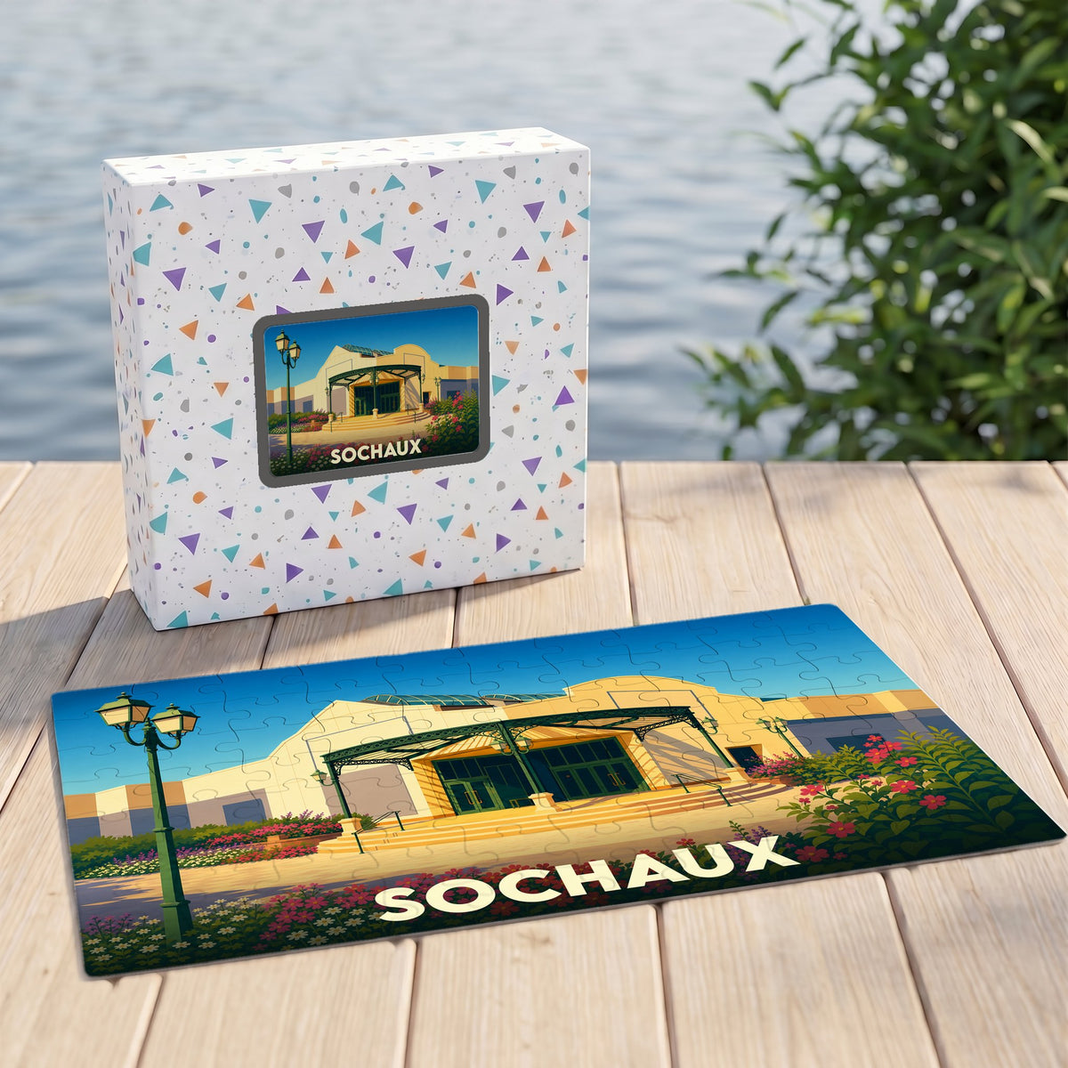 Puzzle souvenir de la ville de Sochaux avec une illustration stylisée d'un bâtiment emblématique.