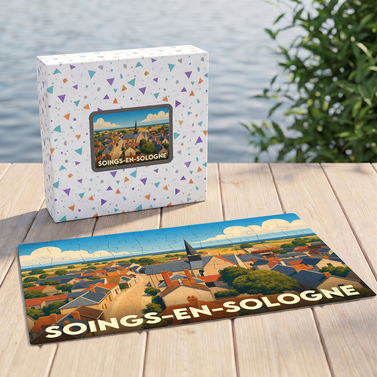 Puzzle souvenir de la ville de Soings-en-Sologne avec une illustration stylisée.