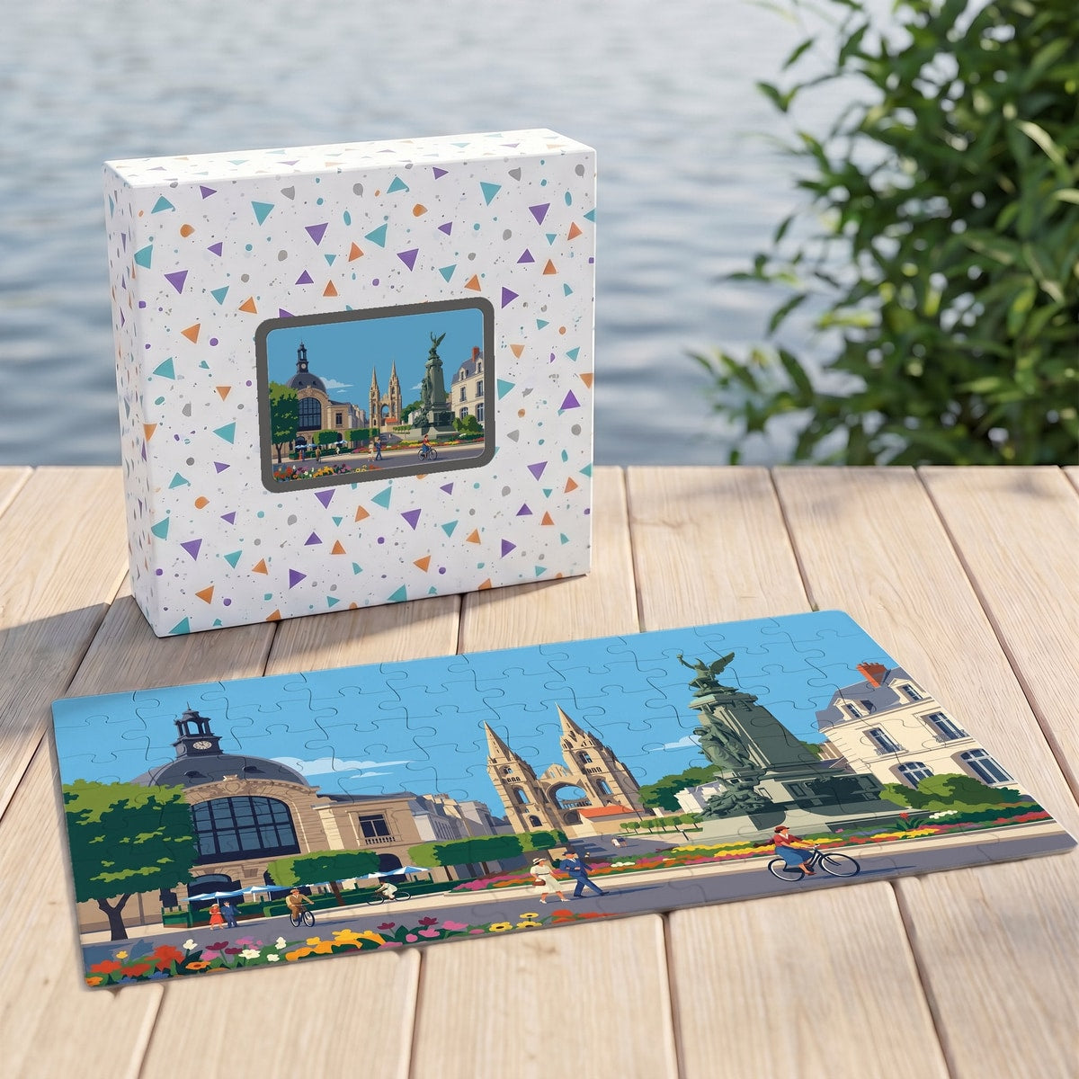 Puzzle souvenir de la ville de Soissons avec une illustration stylisée de ses monuments emblématiques.