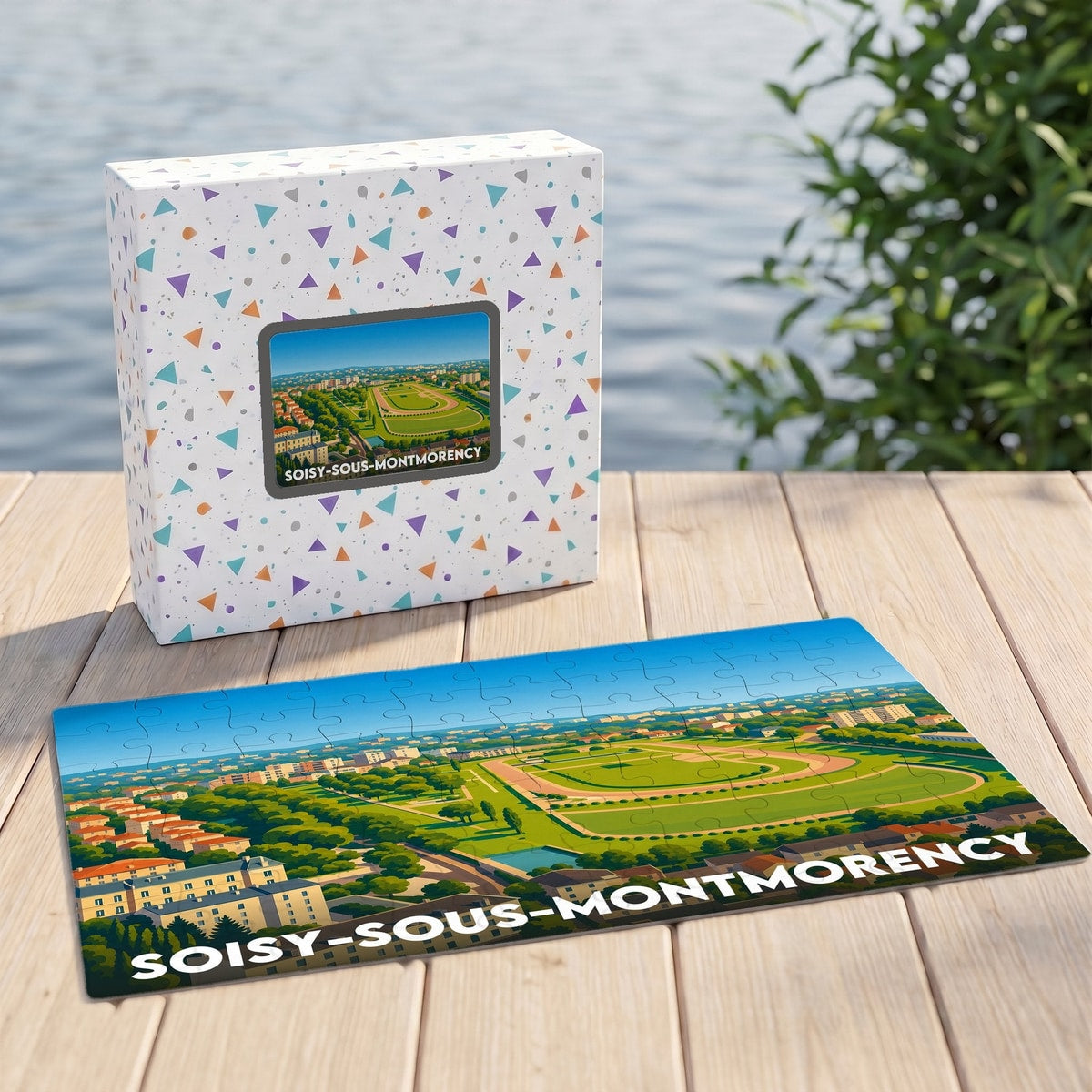 Puzzle souvenir de la ville de Soisy-sous-Montmorency présentant une vue aérienne illustrée de son hippodrome.