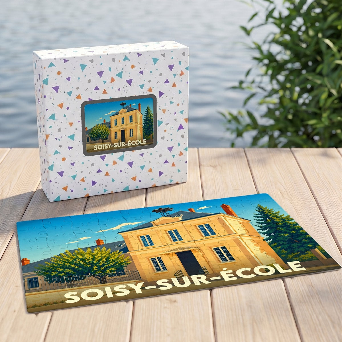 Puzzle souvenir de la ville de Soisy-sur-École avec une illustration stylisée d'un bâtiment remarquable.