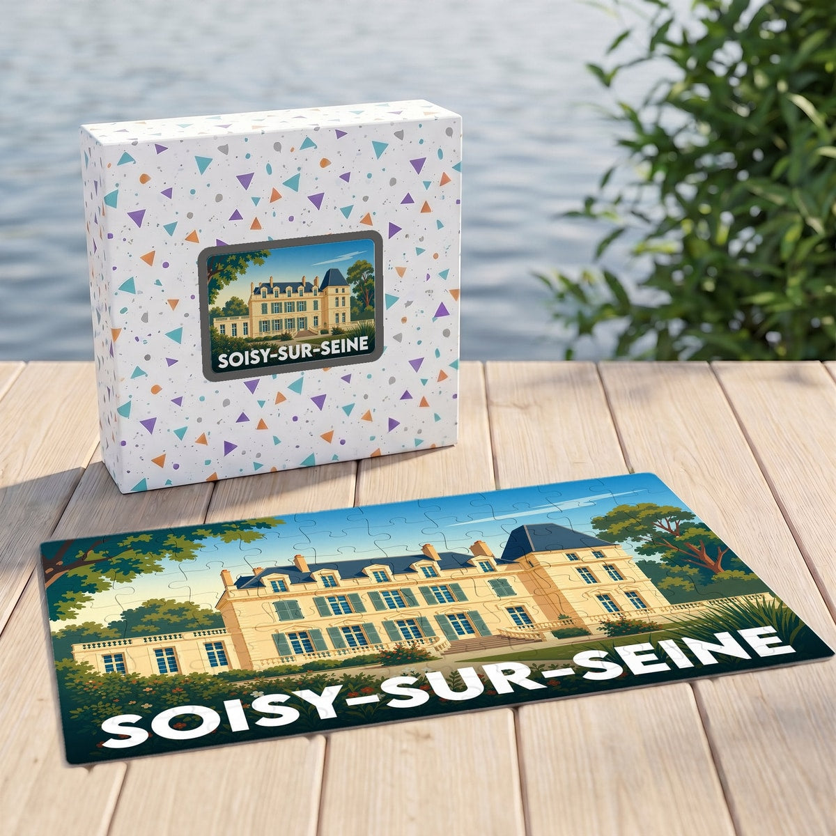 Puzzle souvenir de la ville de Soisy-sur-Seine avec une illustration stylisée d'un château.