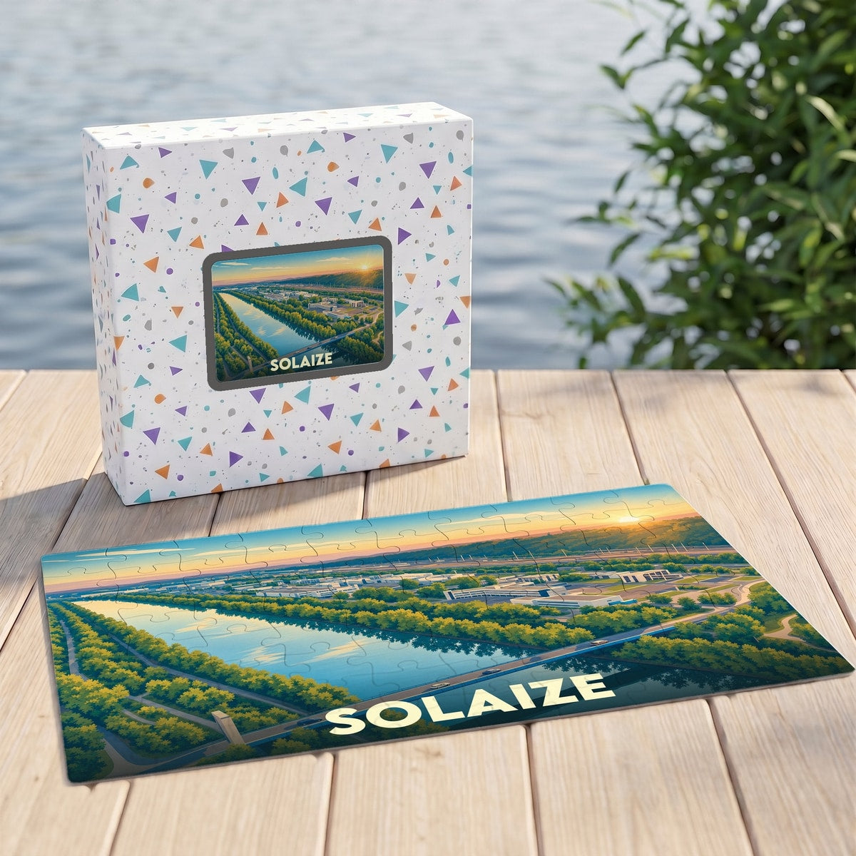 Puzzle souvenir de la ville de Solaize avec une illustration stylisée d'un paysage fluvial au coucher du soleil.