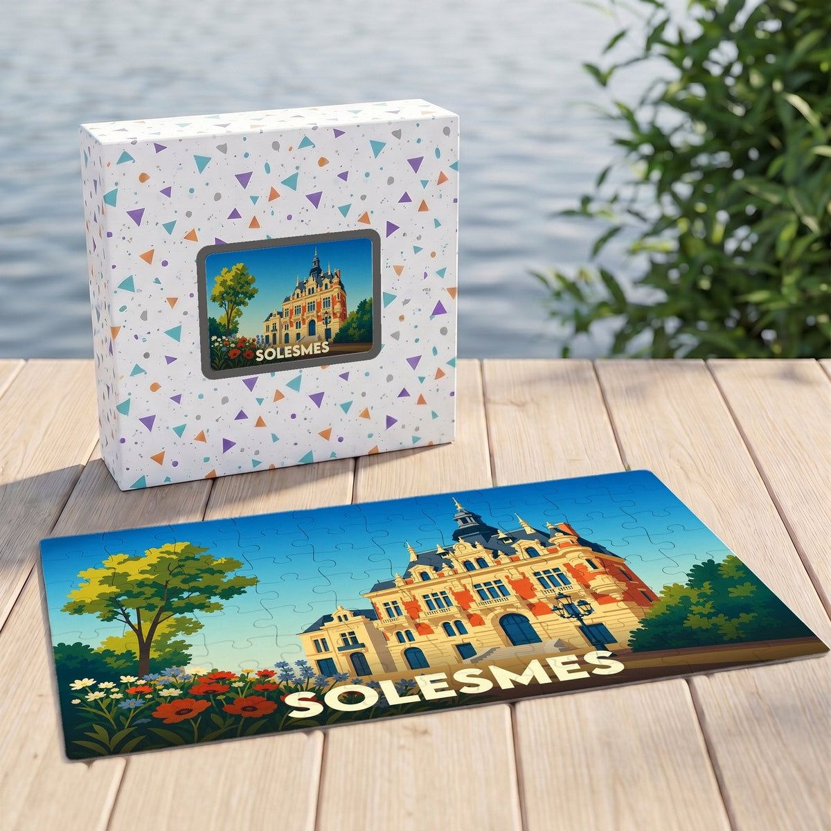 Puzzle souvenir de la ville de Solesmes avec une illustration stylisée d'un bâtiment historique.