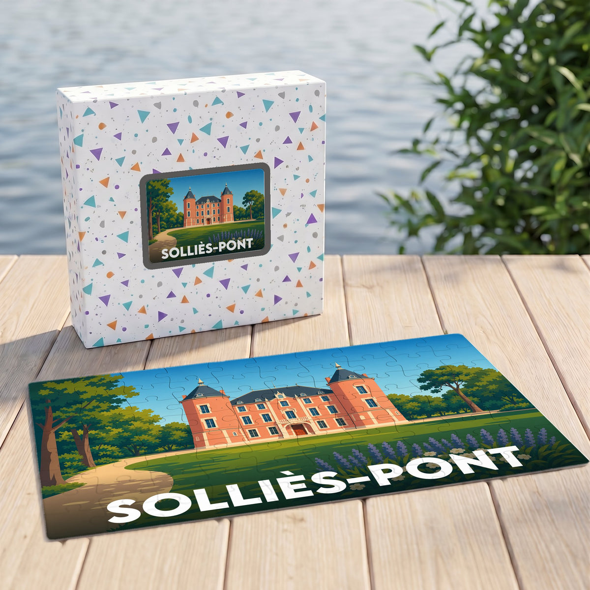 Puzzle souvenir de la ville de Solliès-Pont avec une illustration stylisée d'un château.