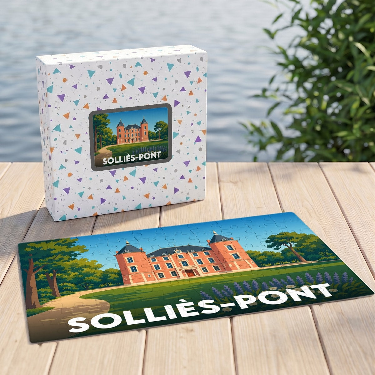 Puzzle souvenir de la ville de Solliès-Pont avec une illustration stylisée d'un château.