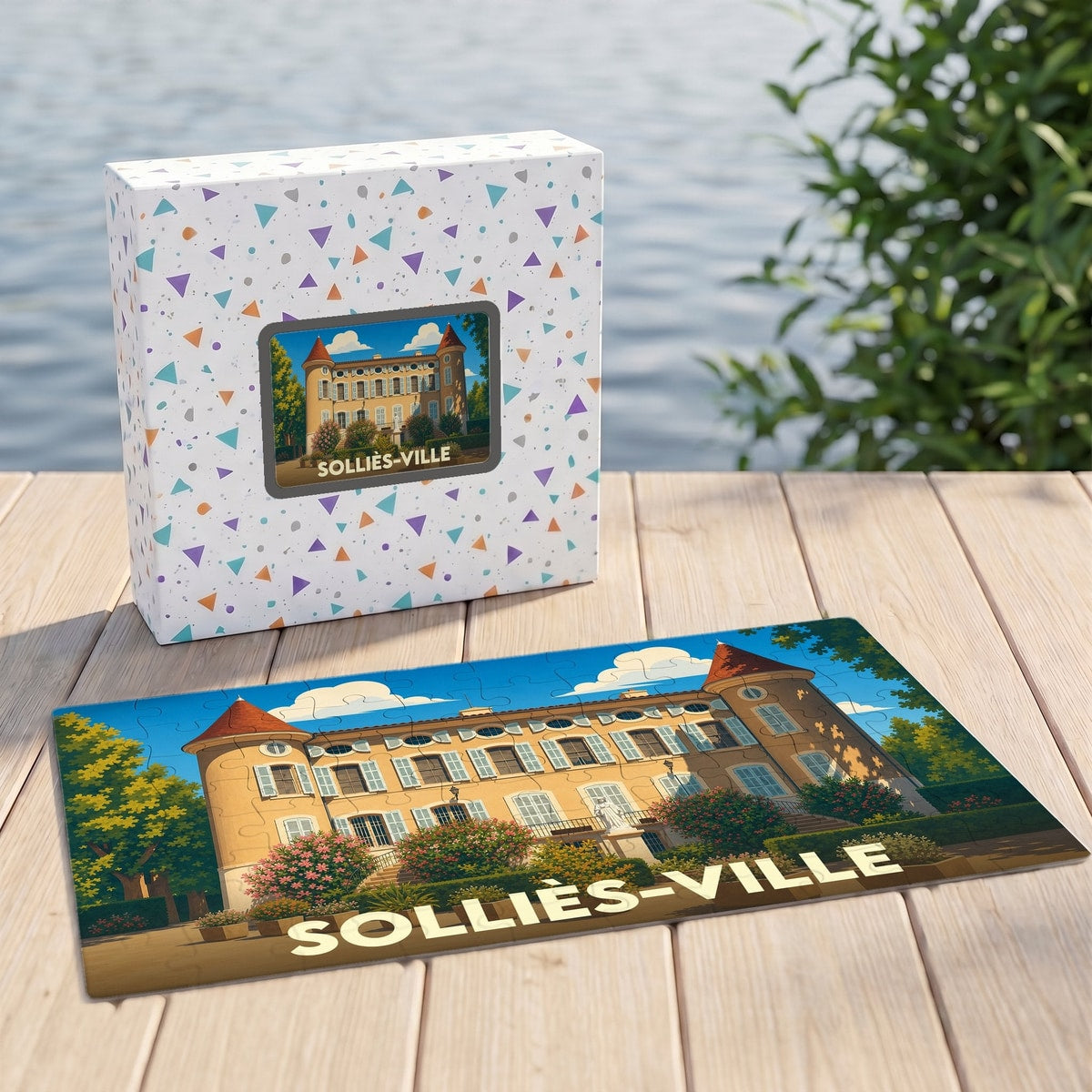 Puzzle souvenir de la ville de Solliès-Ville avec une illustration stylisée d'un château provençal.