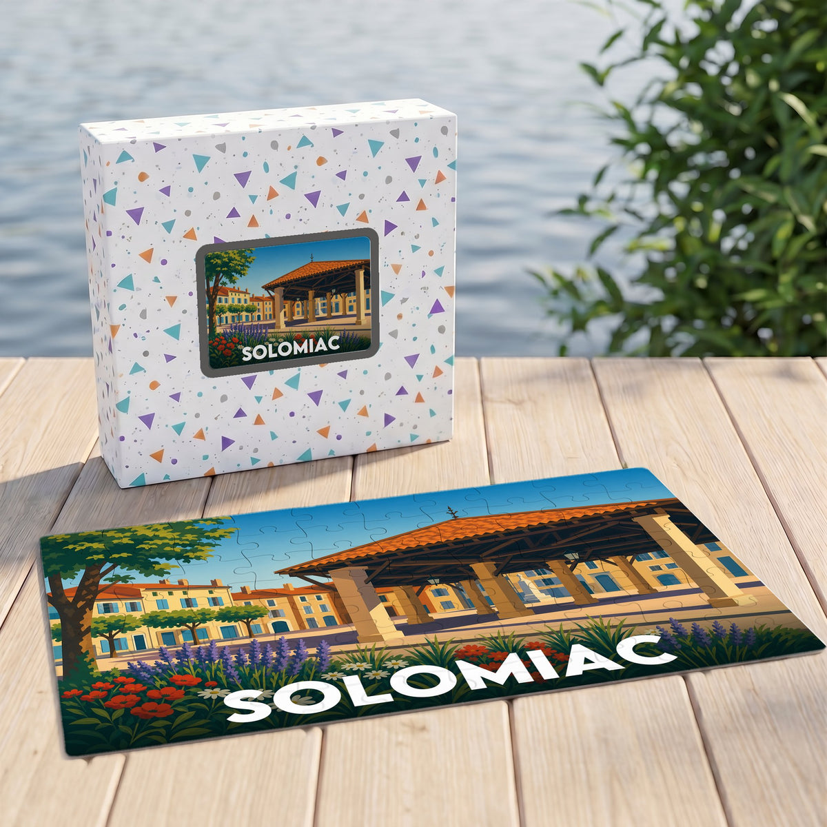 Puzzle souvenir de la ville de Solomiac avec une illustration stylisée de sa halle traditionnelle.
