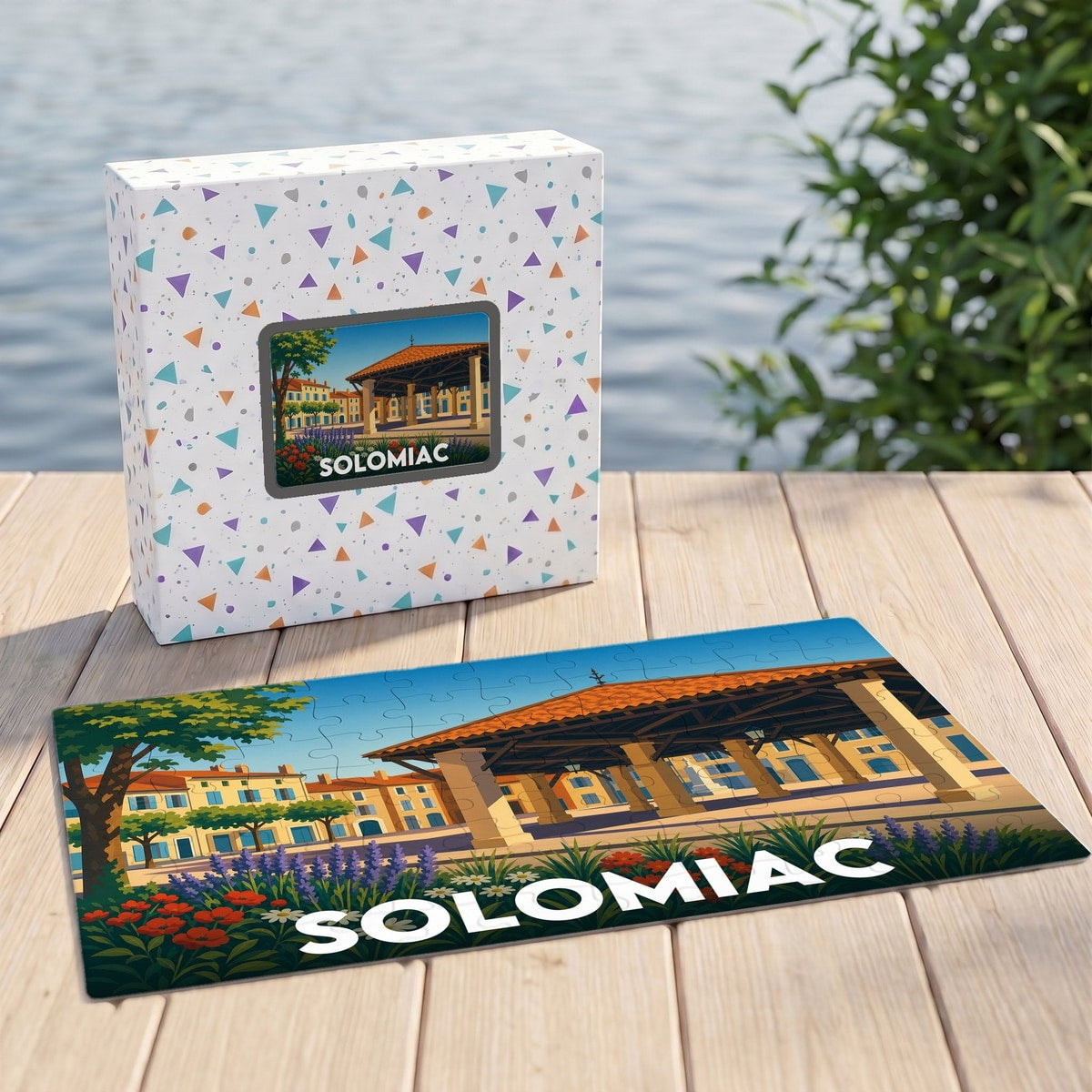 Puzzle souvenir de la ville de Solomiac avec une illustration stylisée de sa halle traditionnelle.