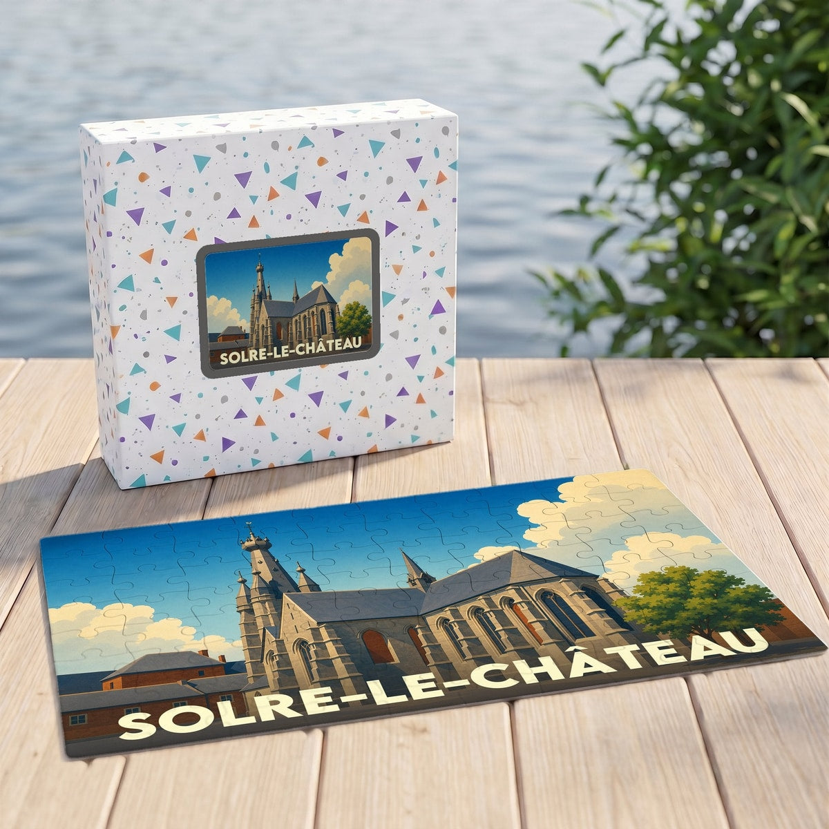 Puzzle souvenir de la ville de Solre-le-Château avec une illustration stylisée de son église et de son clocher penché.