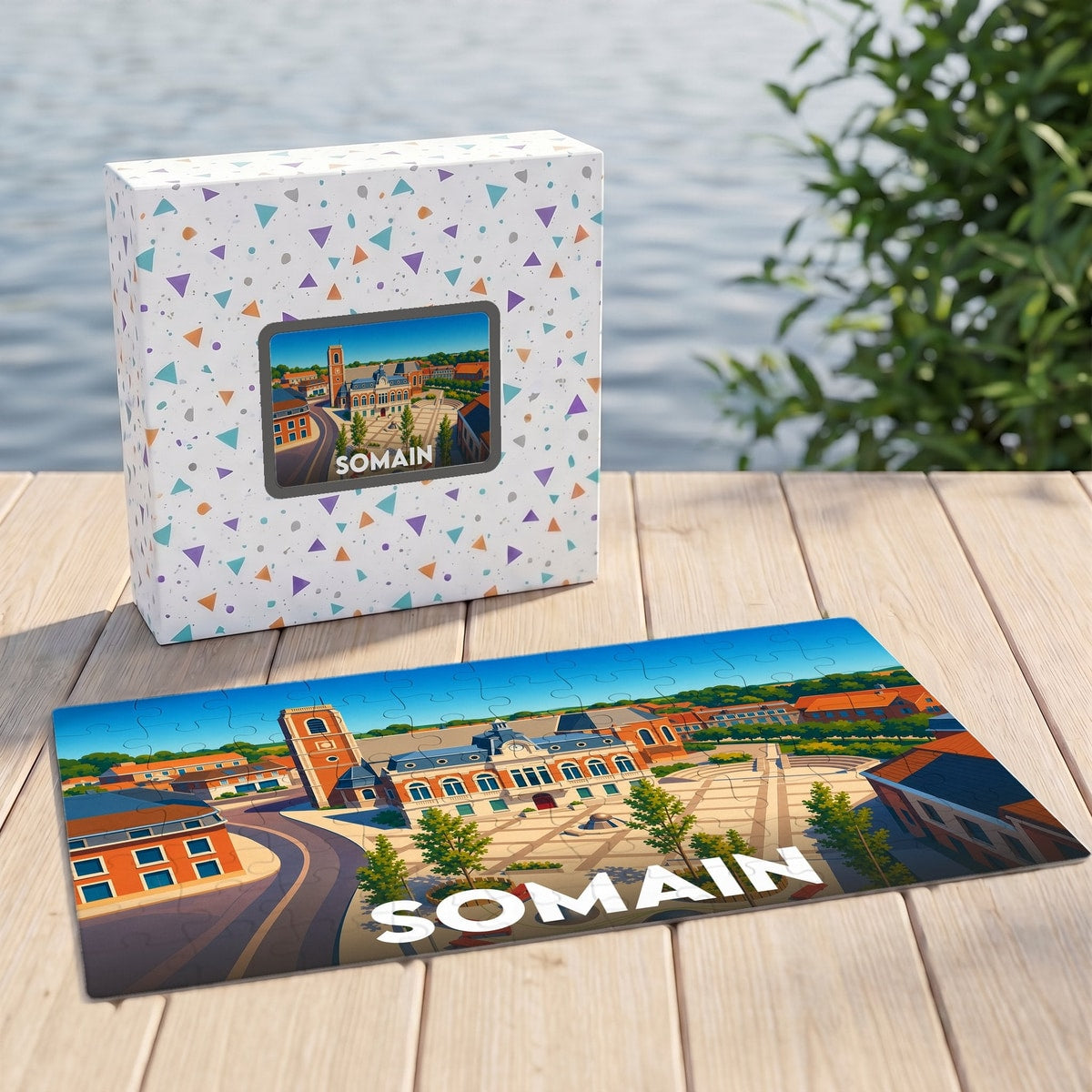 Puzzle souvenir de la ville de Somain avec une illustration stylisée de sa place principale.