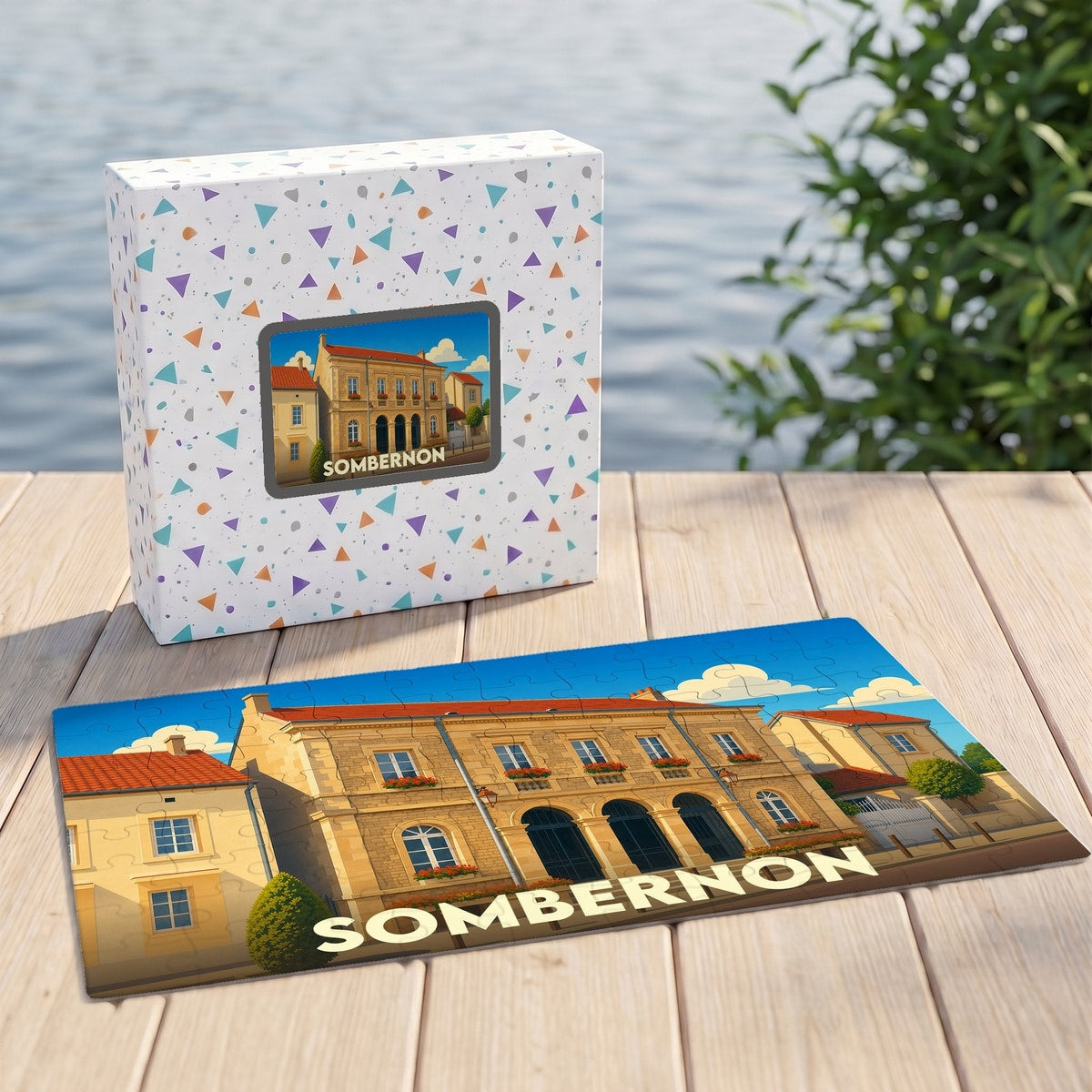 Puzzle souvenir de la ville de Sombernon avec une illustration stylisée d'un bâtiment historique.