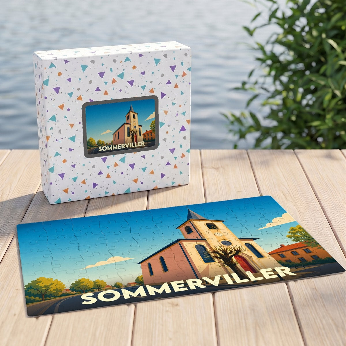 Puzzle souvenir de la ville de Sommerviller avec une illustration stylisée d'une église locale.