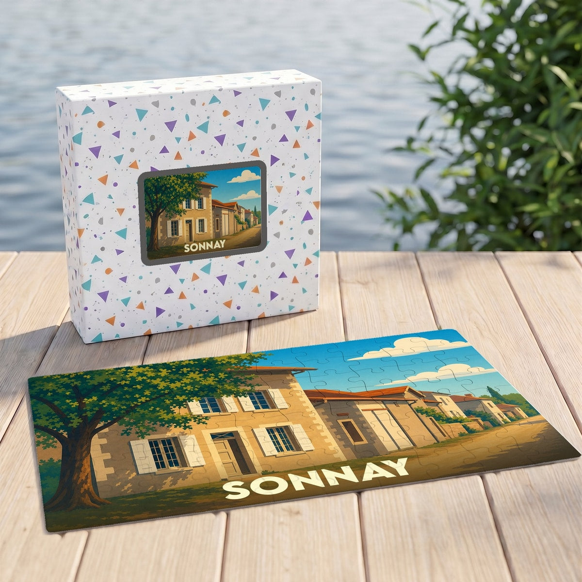 Puzzle souvenir de la ville de Sonnay représentant une rue ensoleillée avec une illustration stylisée.