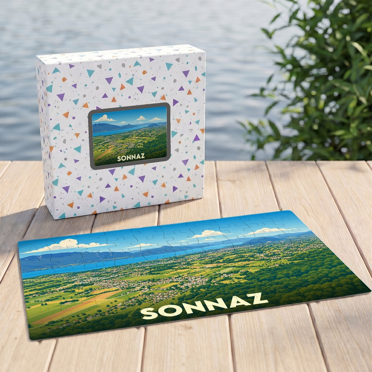 Puzzle souvenir de la ville de Sonnaz avec une illustration panoramique stylisée de la région.