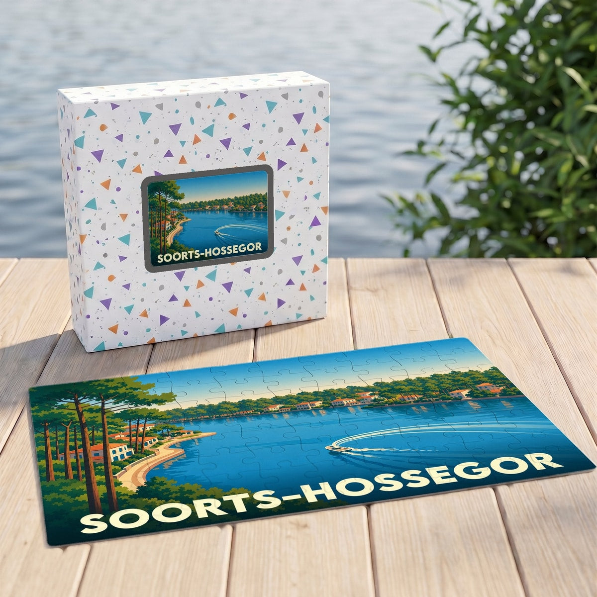 Puzzle souvenir de la ville de Soorts-Hossegor avec une illustration de style vintage de son lac.