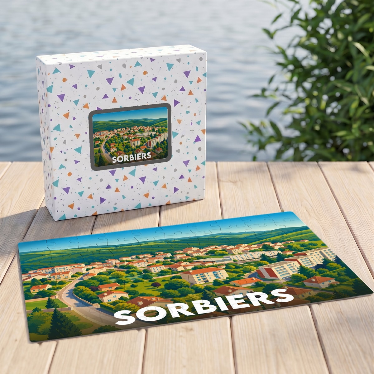 Puzzle souvenir de la ville de Sorbiers avec une illustration stylisée d'un paysage urbain verdoyant.
