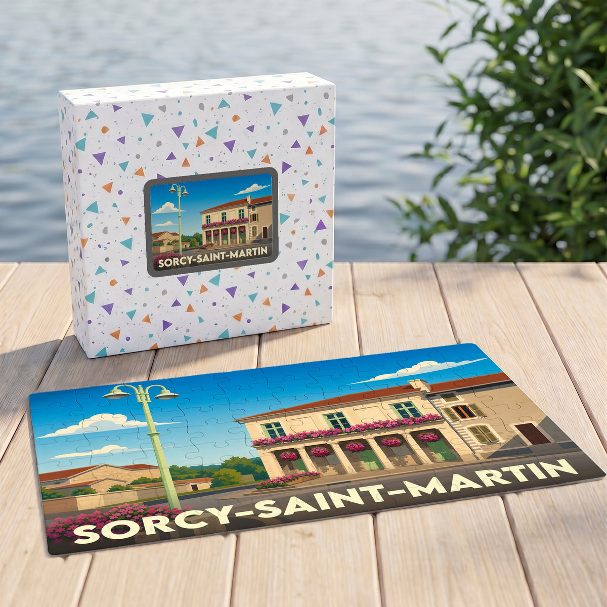 Puzzle souvenir de la ville de Sorcy-Saint-Martin avec une illustration stylisée.
