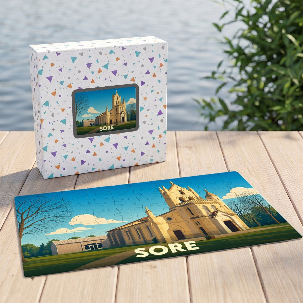 Puzzle souvenir de la ville de Sore avec une illustration stylisée de son église.