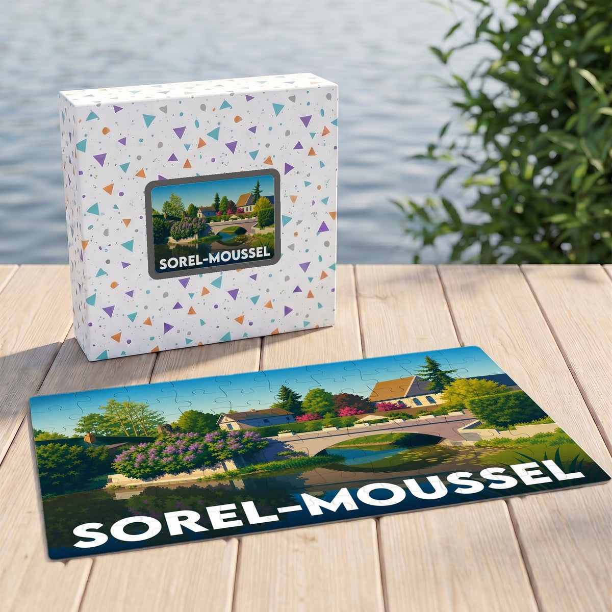 Puzzle souvenir de la ville de Sorel-Moussel avec une illustration stylisée de son paysage et de son pont.