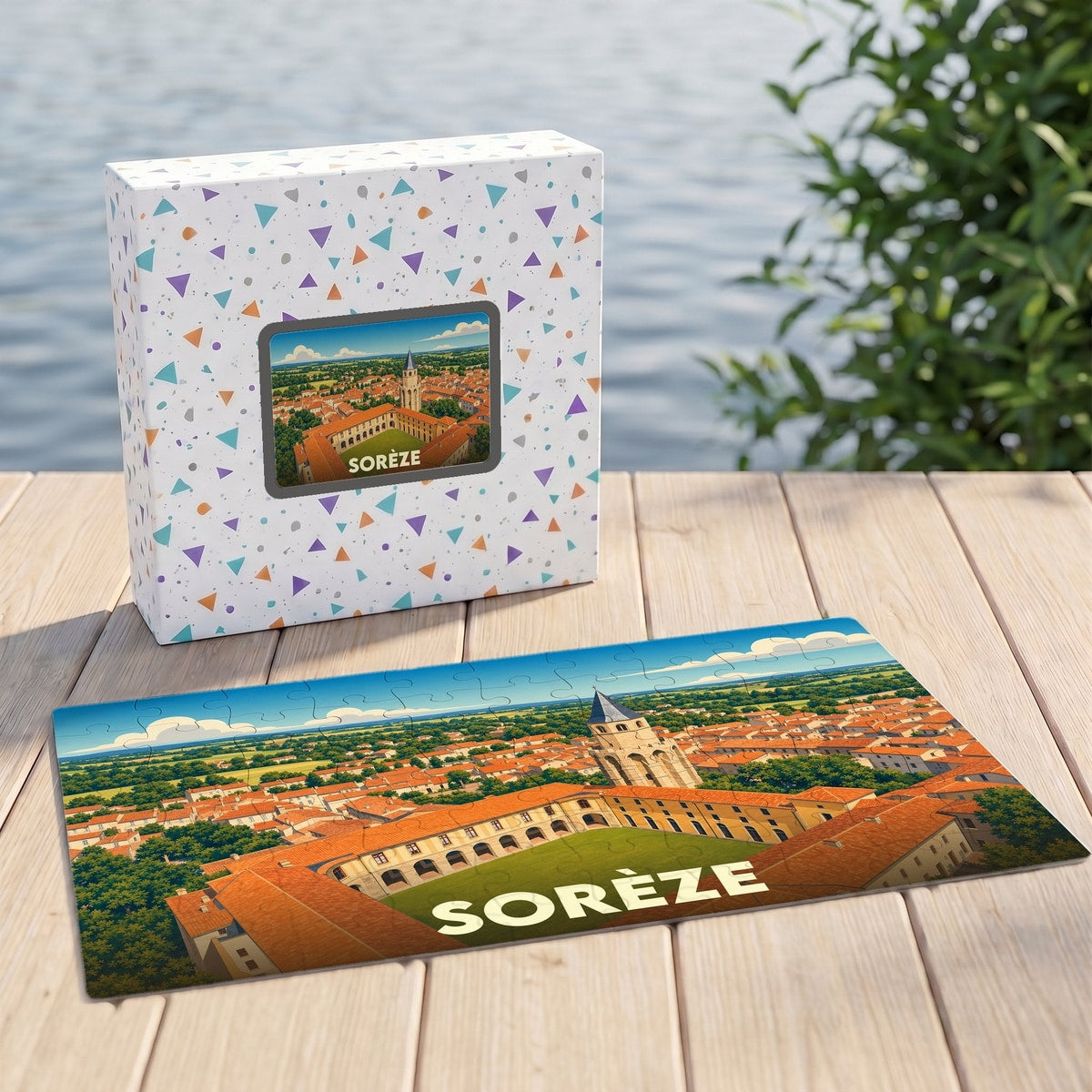 Puzzle souvenir de la ville de Sorèze représentant une vue aérienne illustrée de son abbaye-école.