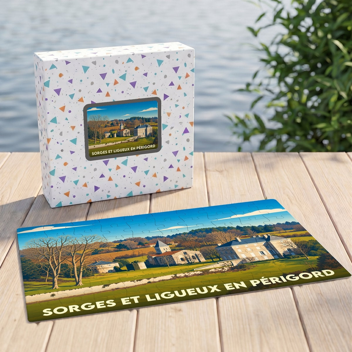 Puzzle souvenir de Sorges et Ligueux en Périgord avec une illustration stylisée de la commune.