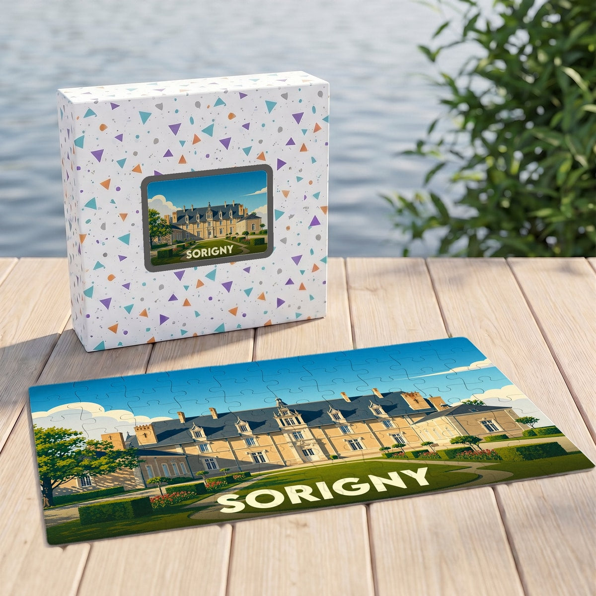 Puzzle souvenir de la ville de Sorigny avec une illustration stylisée de son patrimoine.