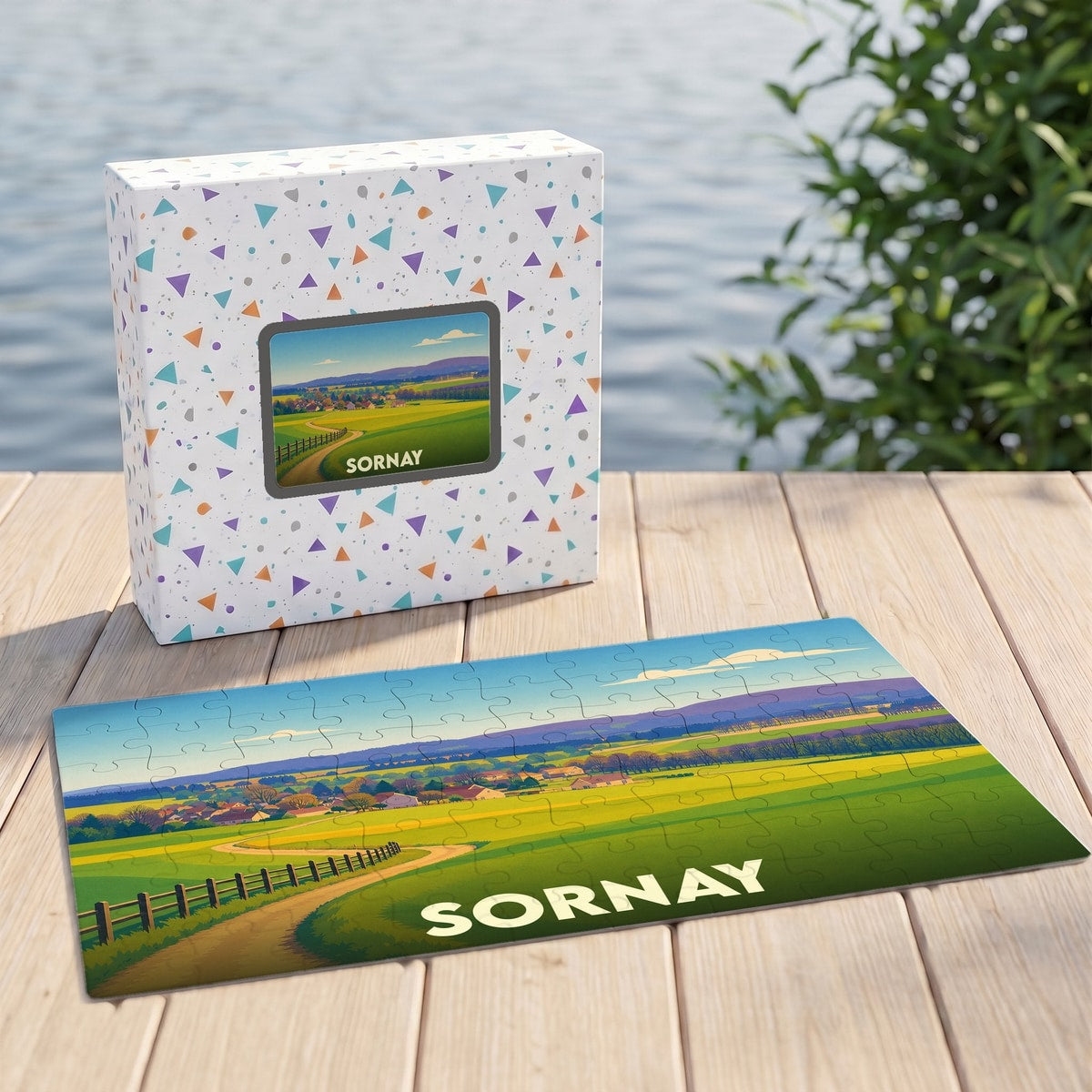 Puzzle souvenir de la ville de Sornay avec une illustration paysagère stylisée.