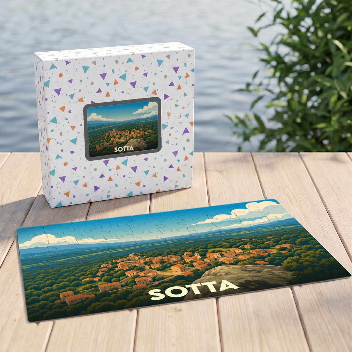 Puzzle souvenir de la ville de Sotta avec une illustration stylisée d'un paysage corse.