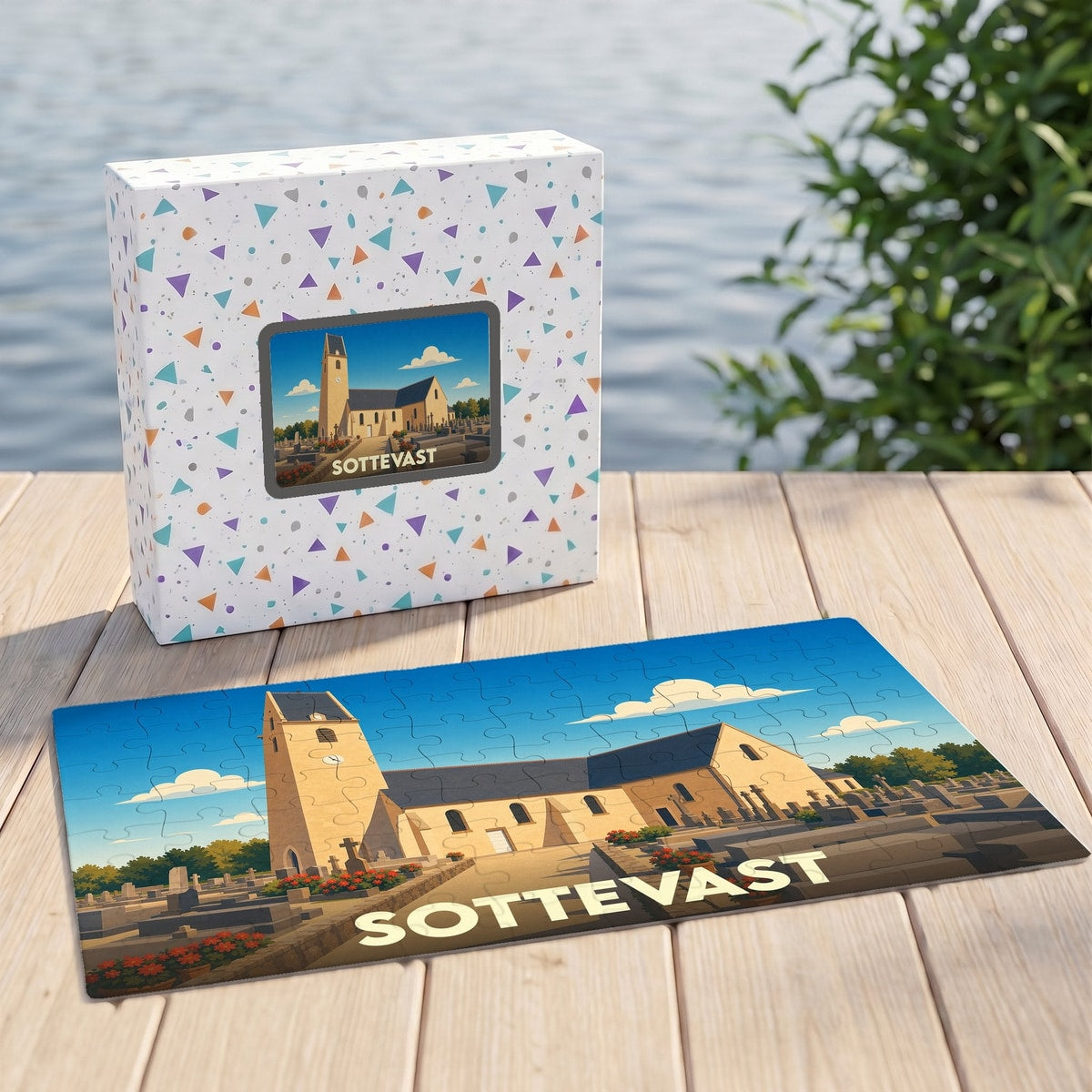 Puzzle souvenir de la ville de Sottevast avec une illustration stylisée de son église et de son cimetière.