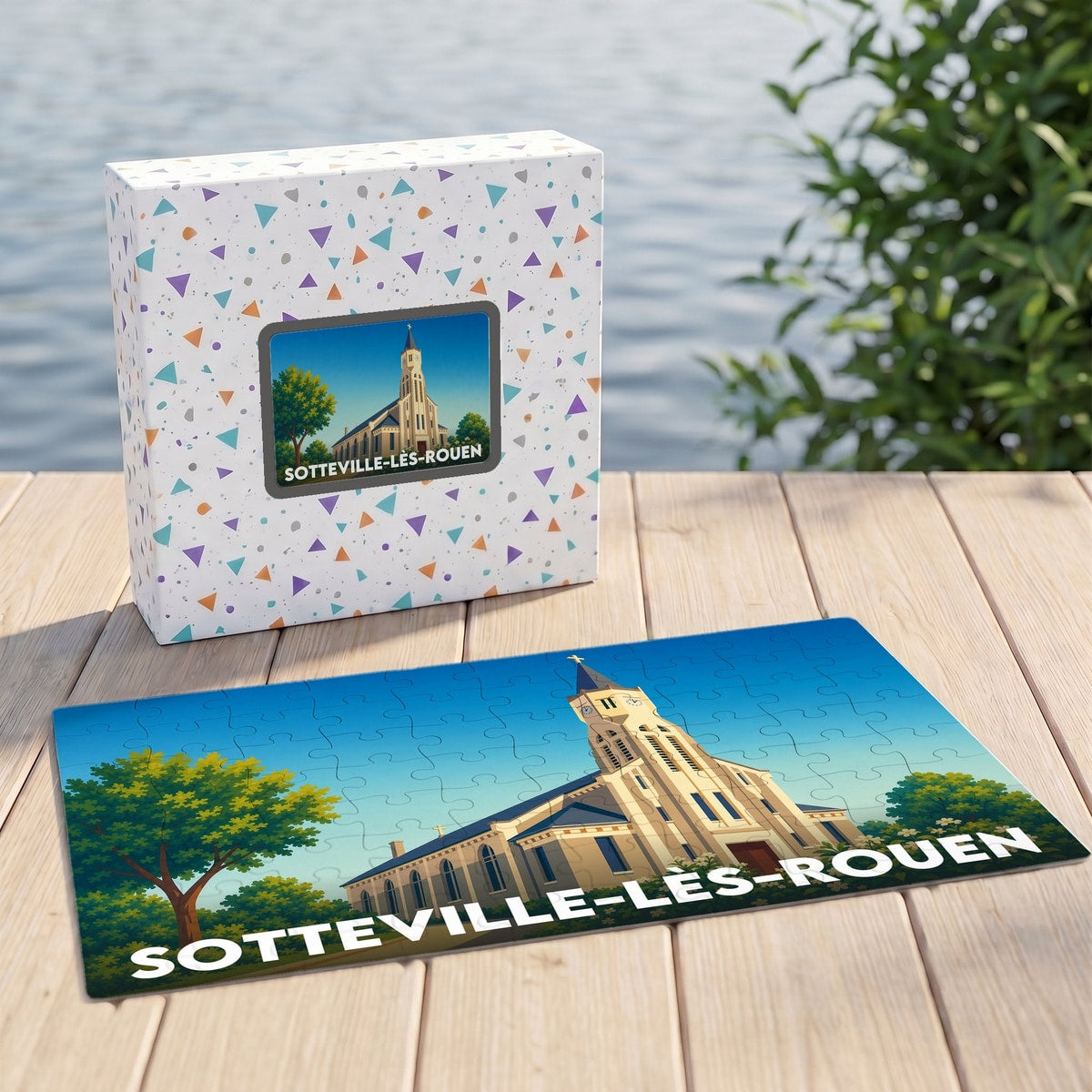 Puzzle souvenir de la ville de Sotteville-lès-Rouen avec une illustration stylisée de son église.