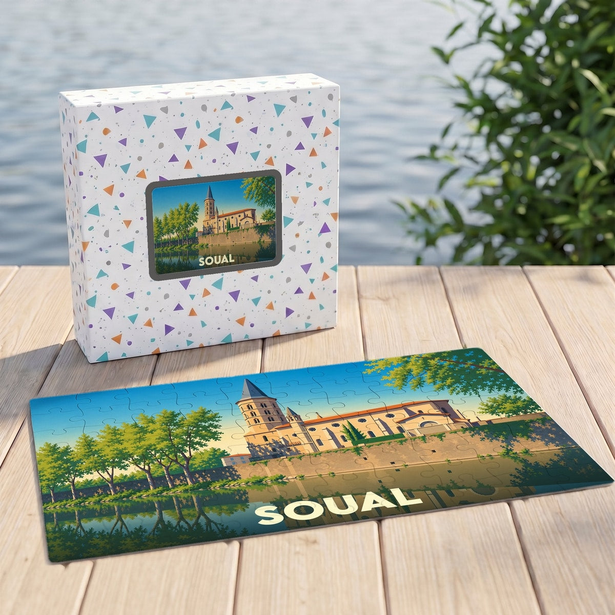 Puzzle souvenir de la ville de Soual avec une illustration stylisée d'un monument historique au bord de l'eau.