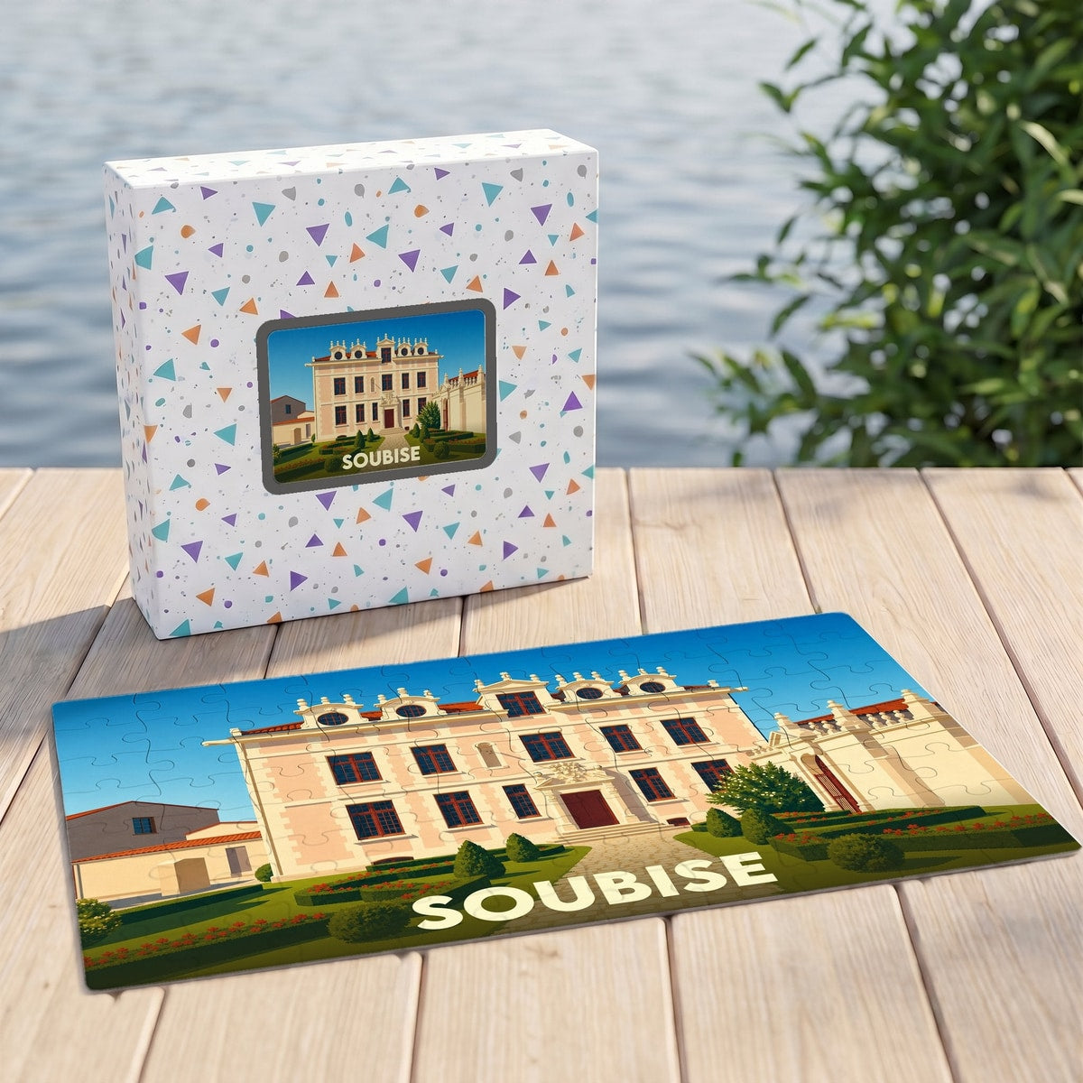 Puzzle souvenir de la ville de Soubise avec une illustration stylisée d'un monument historique.