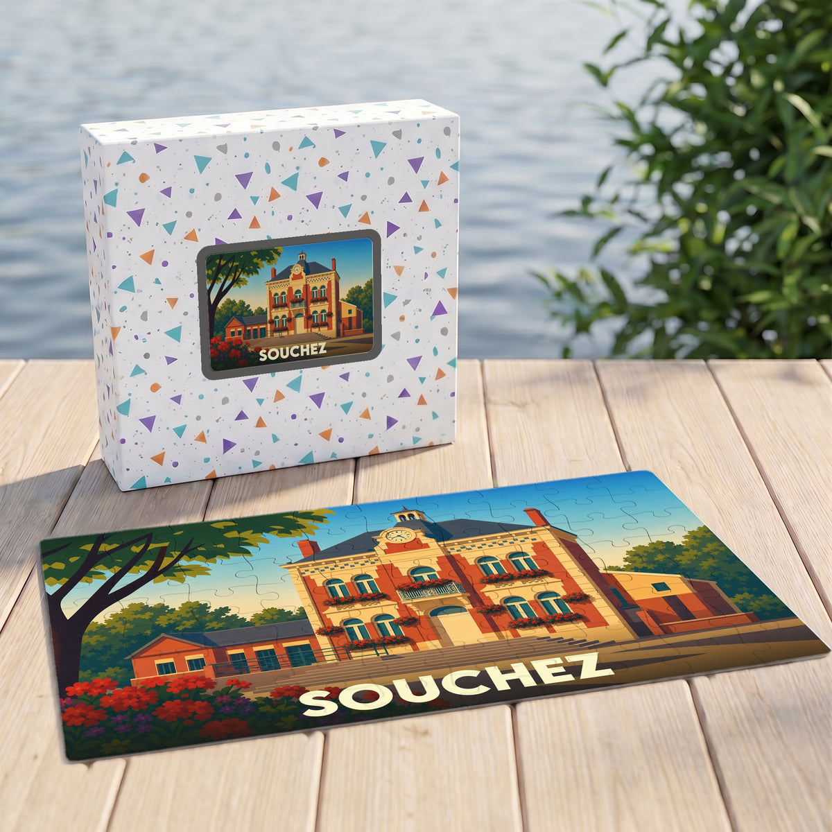 Puzzle souvenir de la ville de Souchez avec une illustration stylisée d'un bâtiment historique.