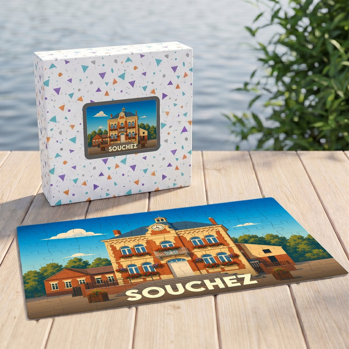 Puzzle souvenir de la ville de Souchez avec une illustration stylisée de sa mairie.